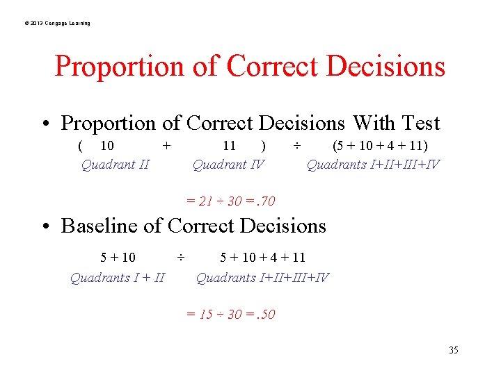 © 2013 Cengage Learning Proportion of Correct Decisions • Proportion of Correct Decisions With