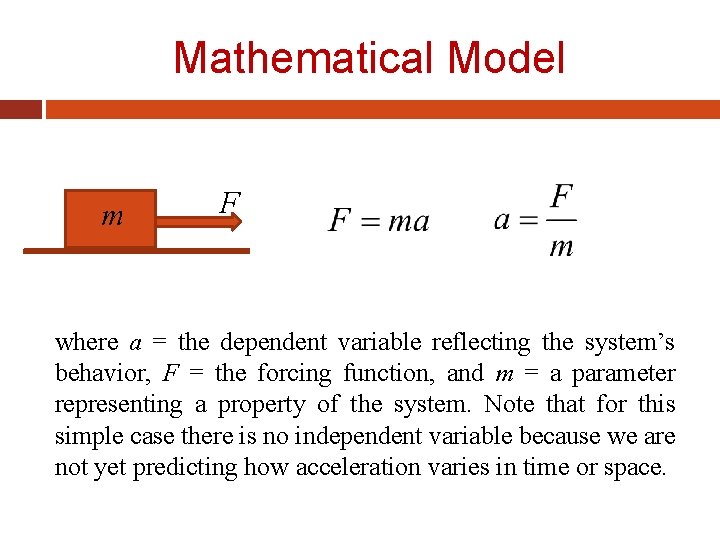 Mathematical Model m F where a = the dependent variable reflecting the system’s behavior,