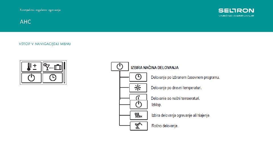 Kompaktni regulator ogrevanja AHC VSTOP V NAVIGACIJSKI MENU Regulacija konstantne temperature ACC 30 -40