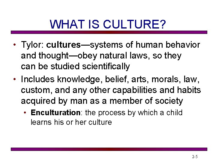 WHAT IS CULTURE? • Tylor: cultures—systems of human behavior and thought—obey natural laws, so