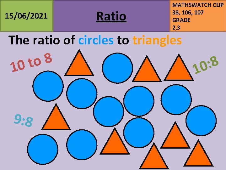 15/06/2021 Ratio MATHSWATCH CLIP 38, 106, 107 GRADE 2, 3 The ratio of circles 15/06/2021 Ratio MATHSWATCH CLIP 38, 106, 107 GRADE 2, 3 The ratio of circles