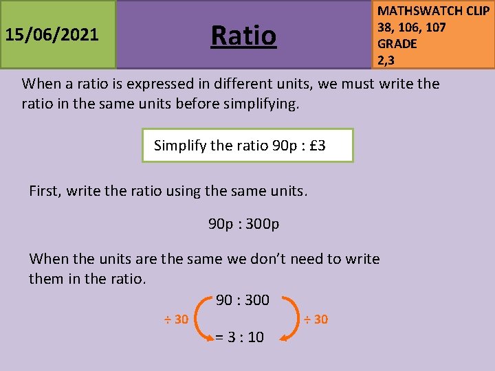 MATHSWATCH CLIP 38, 106, 107 GRADE 2, 3 Ratio 15/06/2021 When a ratio is MATHSWATCH CLIP 38, 106, 107 GRADE 2, 3 Ratio 15/06/2021 When a ratio is