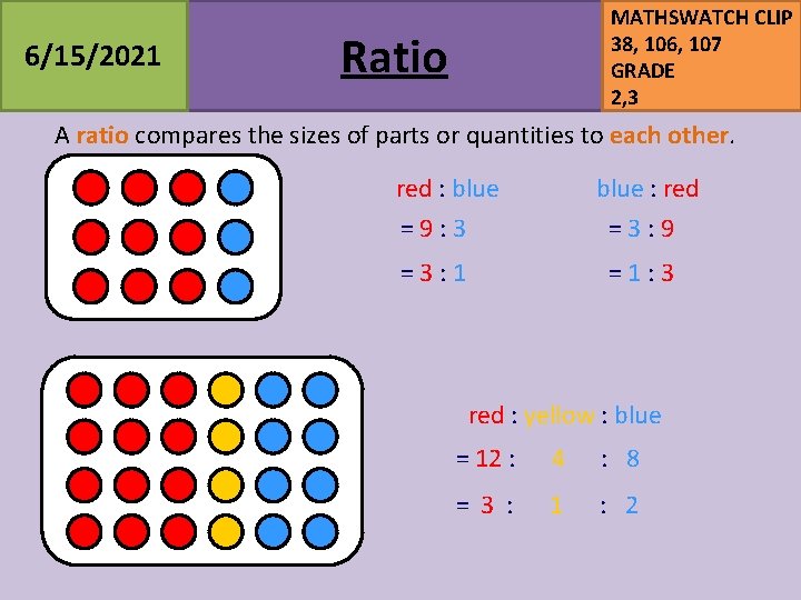 6/15/2021 MATHSWATCH CLIP 38, 106, 107 GRADE 2, 3 Ratio A ratio compares the 6/15/2021 MATHSWATCH CLIP 38, 106, 107 GRADE 2, 3 Ratio A ratio compares the