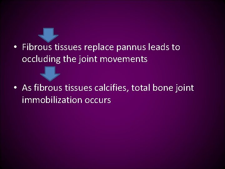  • Fibrous tissues replace pannus leads to occluding the joint movements • As