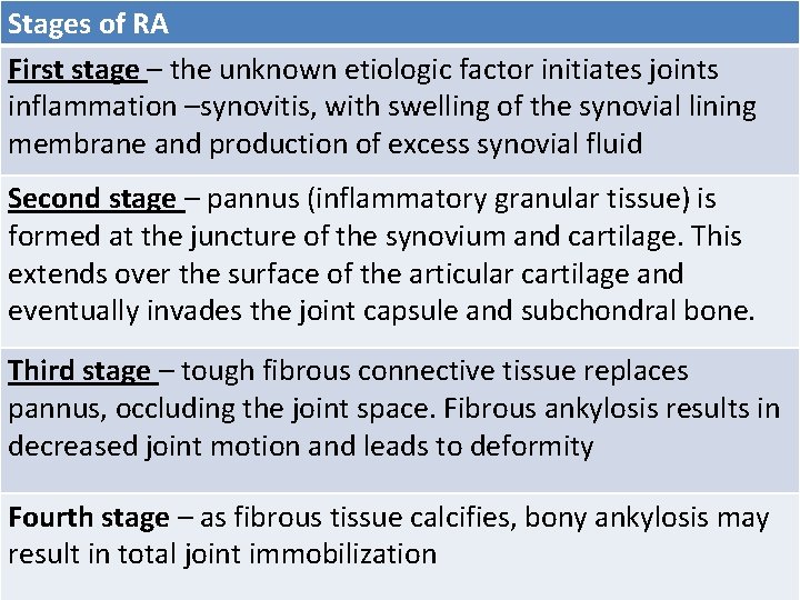 Stages of RA First stage – the unknown etiologic factor initiates joints inflammation –synovitis,