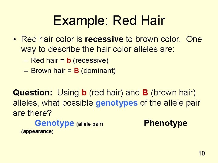 Example: Red Hair • Red hair color is recessive to brown color. One way