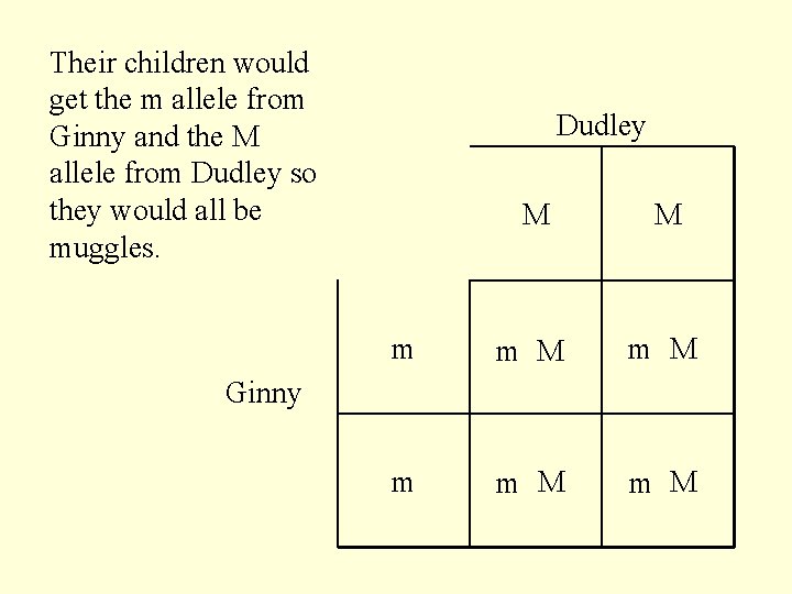 Their children would get the m allele from Ginny and the M allele from