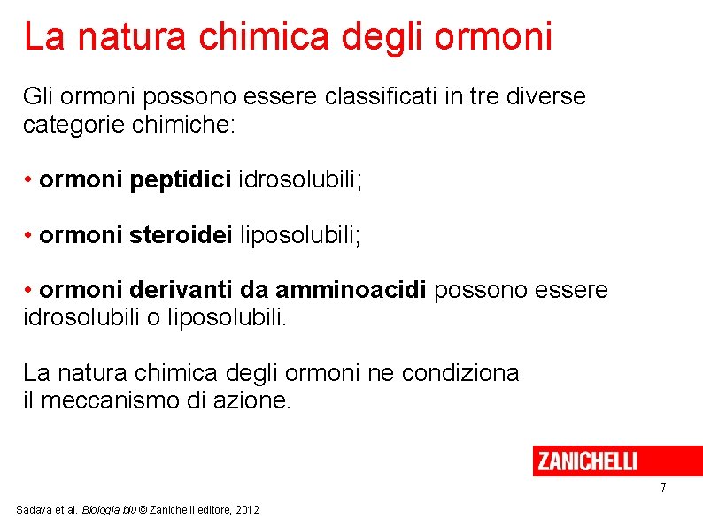 La natura chimica degli ormoni Gli ormoni possono essere classificati in tre diverse categorie