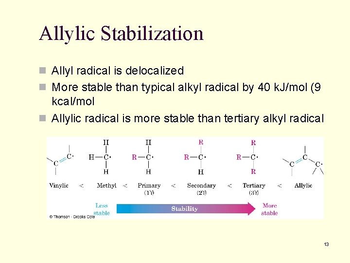 Allylic Stabilization n Allyl radical is delocalized n More stable than typical alkyl radical Allylic Stabilization n Allyl radical is delocalized n More stable than typical alkyl radical