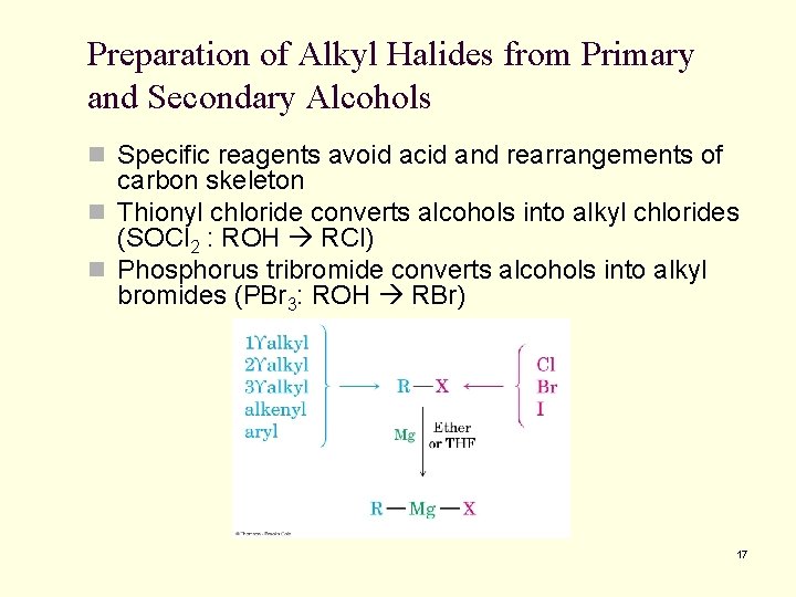 Preparation of Alkyl Halides from Primary and Secondary Alcohols n Specific reagents avoid acid Preparation of Alkyl Halides from Primary and Secondary Alcohols n Specific reagents avoid acid