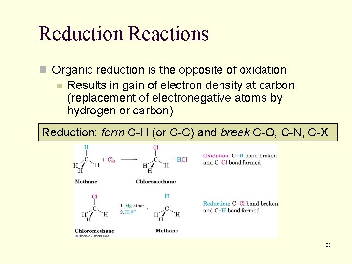 Reduction Reactions n Organic reduction is the opposite of oxidation n Results in gain Reduction Reactions n Organic reduction is the opposite of oxidation n Results in gain