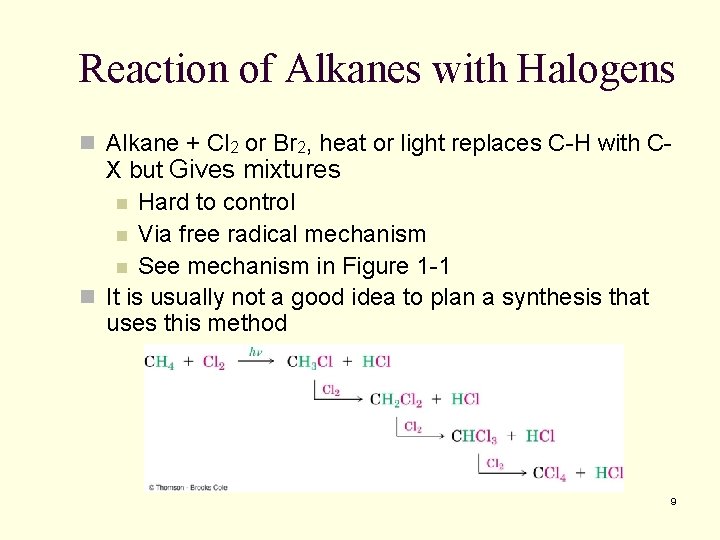 Reaction of Alkanes with Halogens n Alkane + Cl 2 or Br 2, heat Reaction of Alkanes with Halogens n Alkane + Cl 2 or Br 2, heat