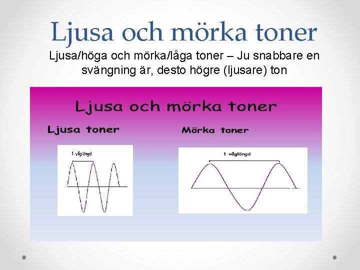 Ljusa och mörka toner Ljusa/höga och mörka/låga toner – Ju snabbare en svängning är,