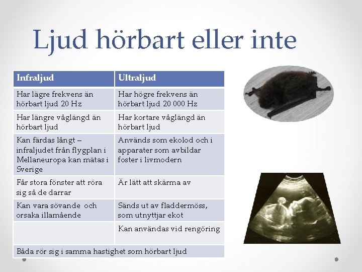 Ljud hörbart eller inte Infraljud Ultraljud Har lägre frekvens än hörbart ljud 20 Hz