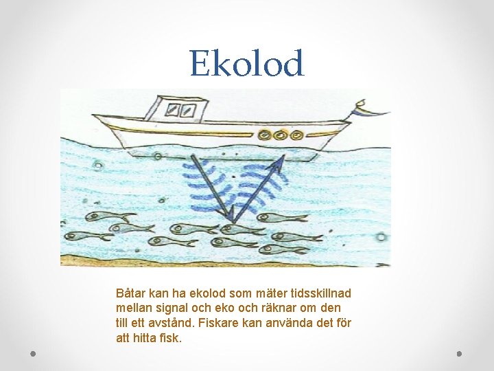 Ekolod Båtar kan ha ekolod som mäter tidsskillnad mellan signal och eko och räknar