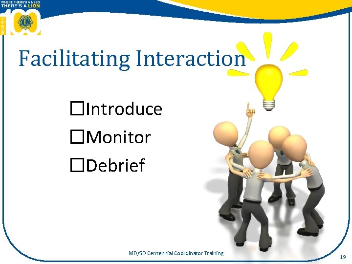 Facilitating Interaction �Introduce �Monitor �Debrief MD/SD Centennial Coordinator Training 19 