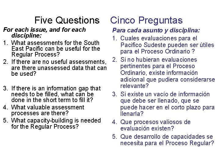 Five Questions Cinco Preguntas For each issue, and for each Para cada asunto y