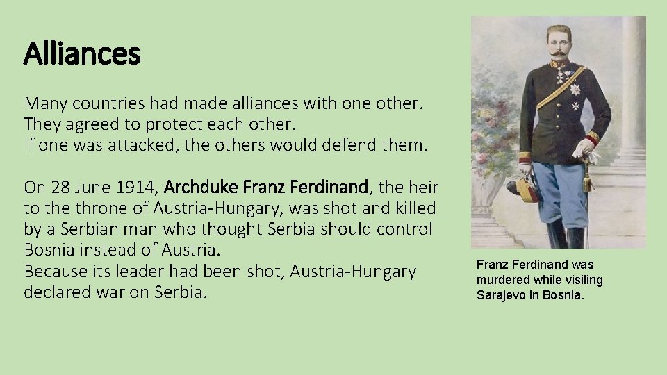 Alliances Many countries had made alliances with one other. They agreed to protect each Alliances Many countries had made alliances with one other. They agreed to protect each