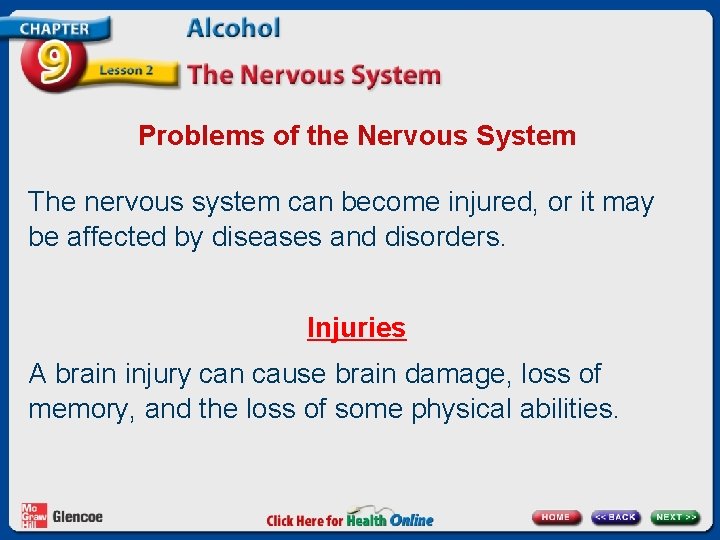 Problems of the Nervous System The nervous system can become injured, or it may