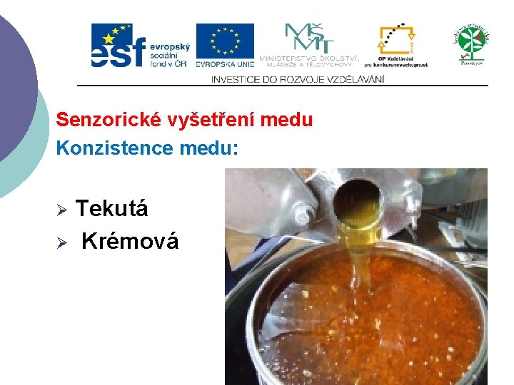 Senzorické vyšetření medu Konzistence medu: Tekutá Ø Krémová Ø 