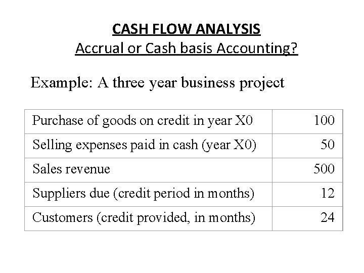 CASH FLOW ANALYSIS Accrual or Cash basis Accounting? Example: A three year business project