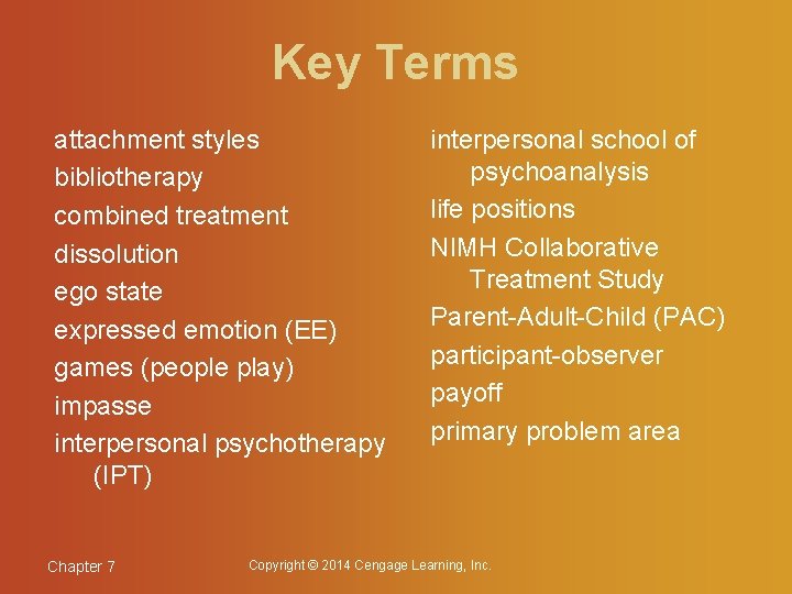 Key Terms attachment styles bibliotherapy combined treatment dissolution ego state expressed emotion (EE) games