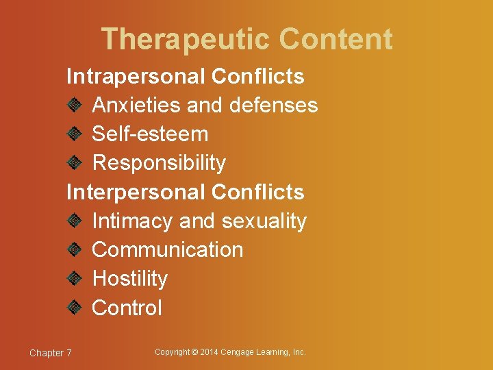 Therapeutic Content Intrapersonal Conflicts Anxieties and defenses Self-esteem Responsibility Interpersonal Conflicts Intimacy and sexuality