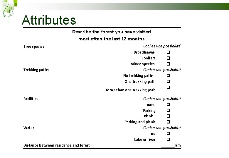 Attributes Describe the forest you have visited most often the last 12 months Tree