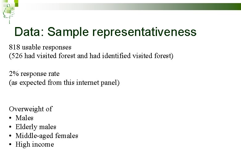 Data: Sample representativeness 818 usable responses (526 had visited forest and had identified visited