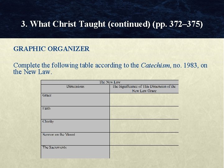 3. What Christ Taught (continued) (pp. 372– 375) GRAPHIC ORGANIZER Complete the following table