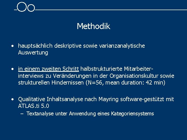 Methodik • hauptsächlich deskriptive sowie varianzanalytische Auswertung • in einem zweiten Schritt halbstrukturierte Mitarbeiterinterviews