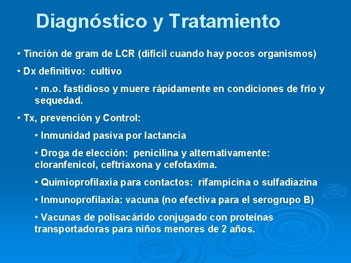 Diagnóstico y Tratamiento • Tinción de gram de LCR (difícil cuando hay pocos organismos) Diagnóstico y Tratamiento • Tinción de gram de LCR (difícil cuando hay pocos organismos)
