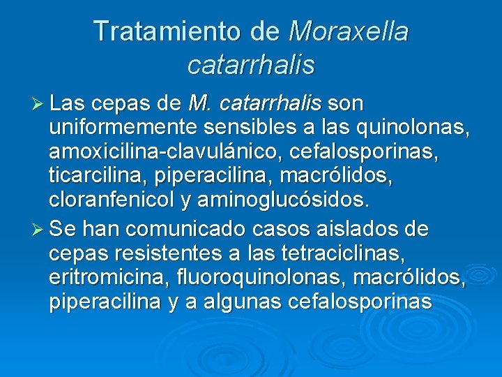Tratamiento de Moraxella catarrhalis Ø Las cepas de M. catarrhalis son uniformemente sensibles a Tratamiento de Moraxella catarrhalis Ø Las cepas de M. catarrhalis son uniformemente sensibles a