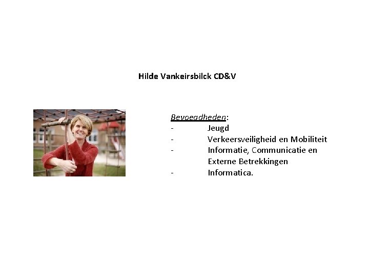 Hilde Vankeirsbilck CD&V Bevoegdheden: Jeugd Verkeersveiligheid en Mobiliteit Informatie, Communicatie en Externe Betrekkingen Informatica.
