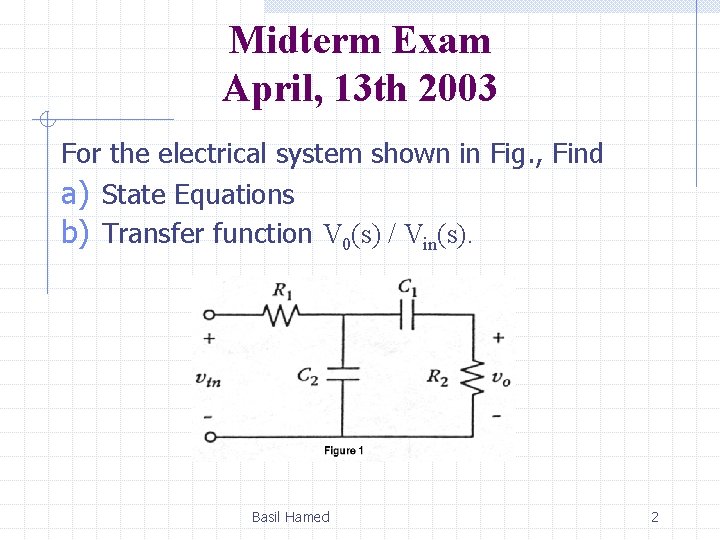 Midterm Exam April, 13 th 2003 For the electrical system shown in Fig. ,