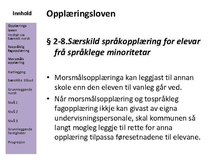 Innhold Opplærings loven Vedtak om Særskilt norsk Tospråklig fagopplæring Morsmåls opplæring Kartlegging Særskilte tilbud