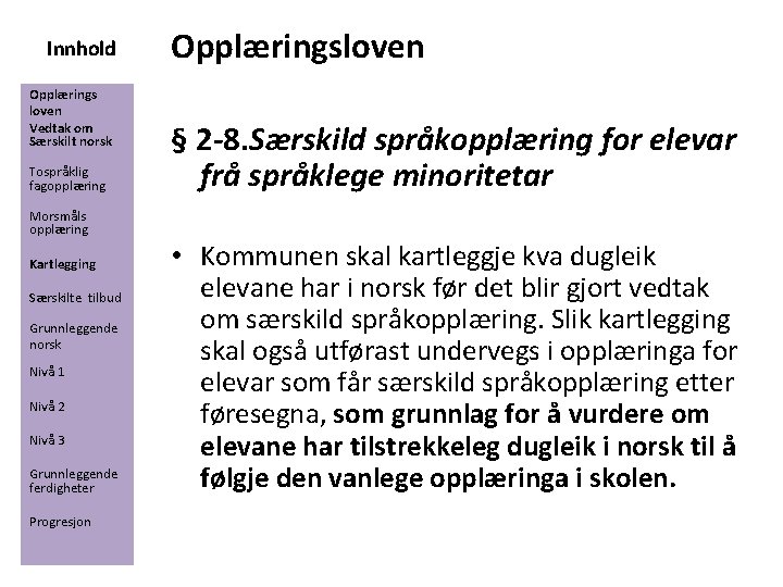 Innhold Opplærings loven Vedtak om Særskilt norsk Tospråklig fagopplæring Morsmåls opplæring Kartlegging Særskilte tilbud