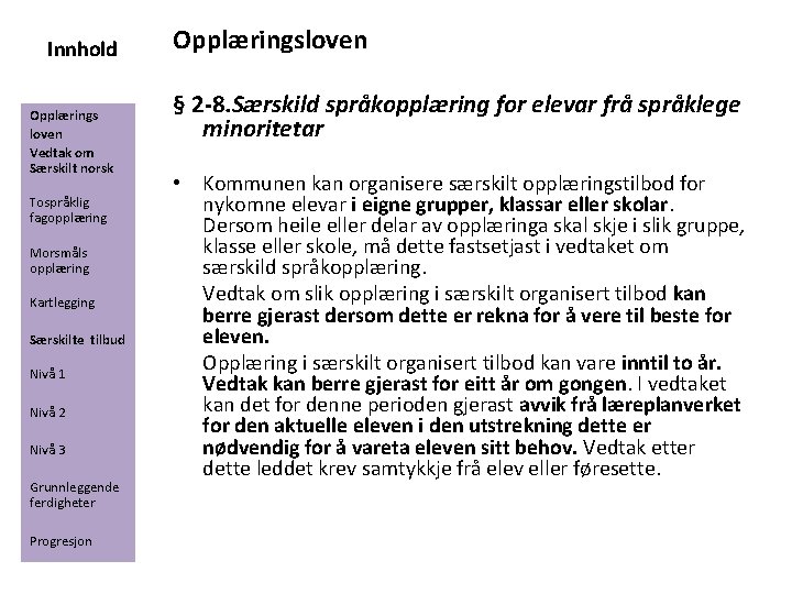 Innhold Opplærings loven Vedtak om Særskilt norsk Tospråklig fagopplæring Morsmåls opplæring Kartlegging Særskilte tilbud
