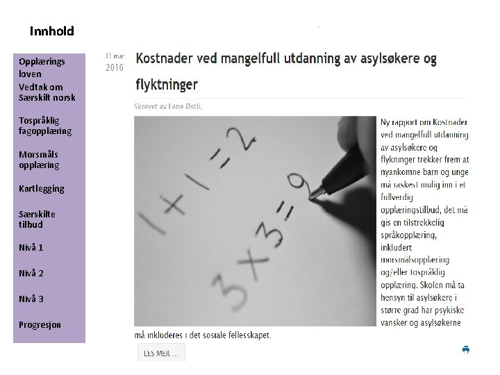 Innhold Opplærings loven Vedtak om Særskilt norsk Tospråklig fagopplæring Morsmåls opplæring Kartlegging Særskilte tilbud