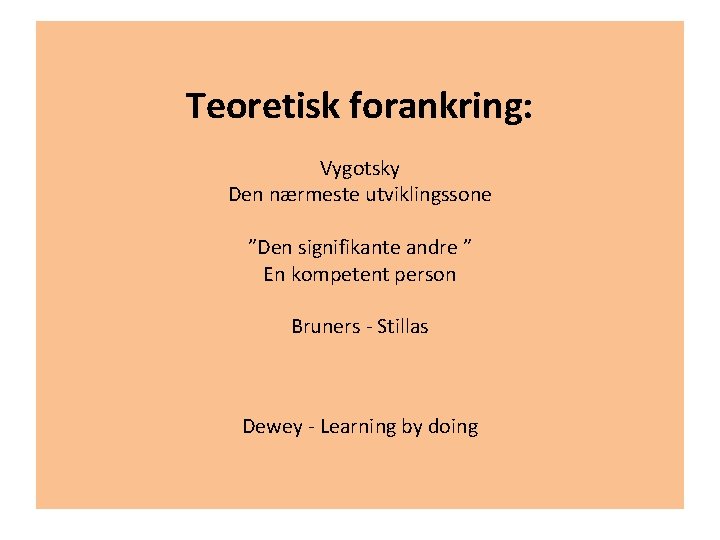 Teoretisk forankring: Vygotsky Den nærmeste utviklingssone ”Den signifikante andre ” En kompetent person Bruners