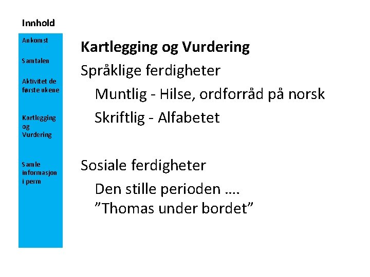 Innhold Ankomst Samtalen Aktivitet de første ukene Kartlegging og Vurdering Samle informasjon i perm