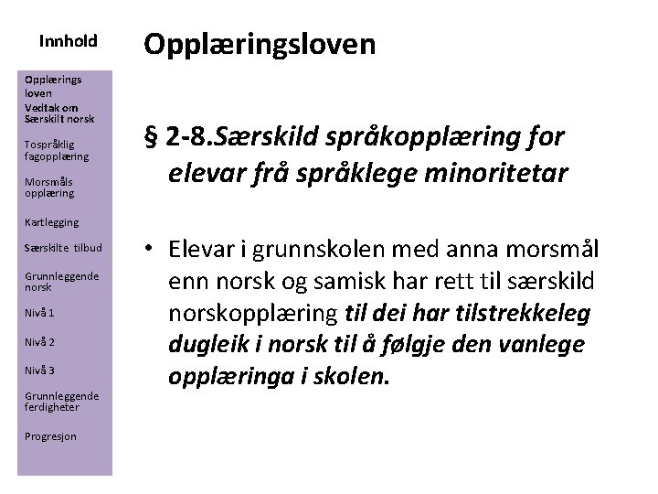 Innhold Opplærings loven Vedtak om Særskilt norsk Tospråklig fagopplæring Morsmåls opplæring Opplæringsloven § 2