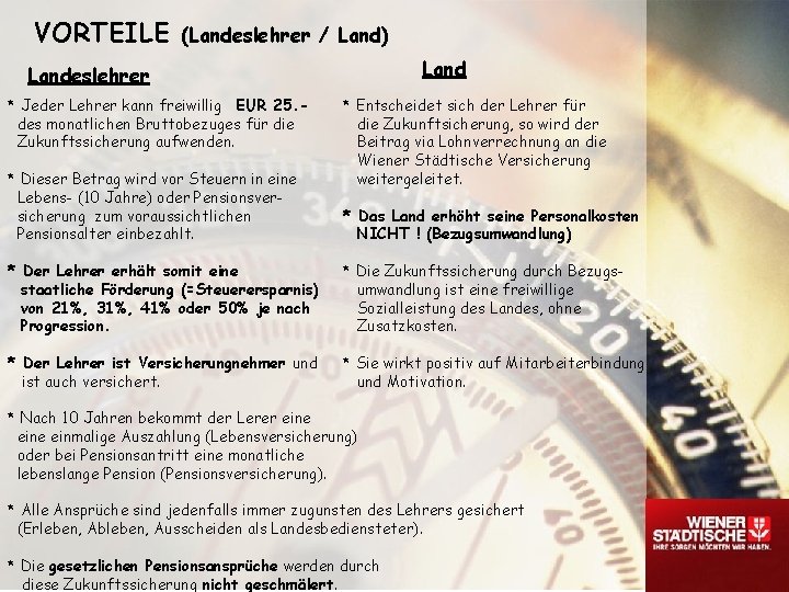 VORTEILE (Landeslehrer / Land) Landeslehrer * Jeder Lehrer kann freiwillig EUR 25. des monatlichen