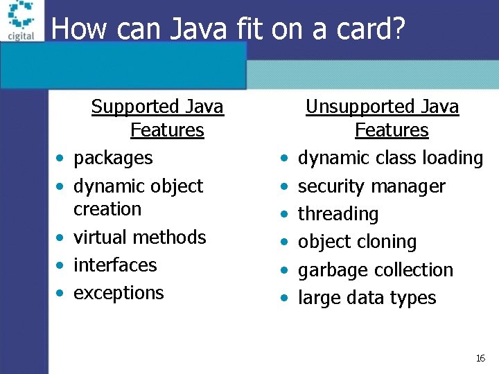 How can Java fit on a card? • • • Supported Java Features packages