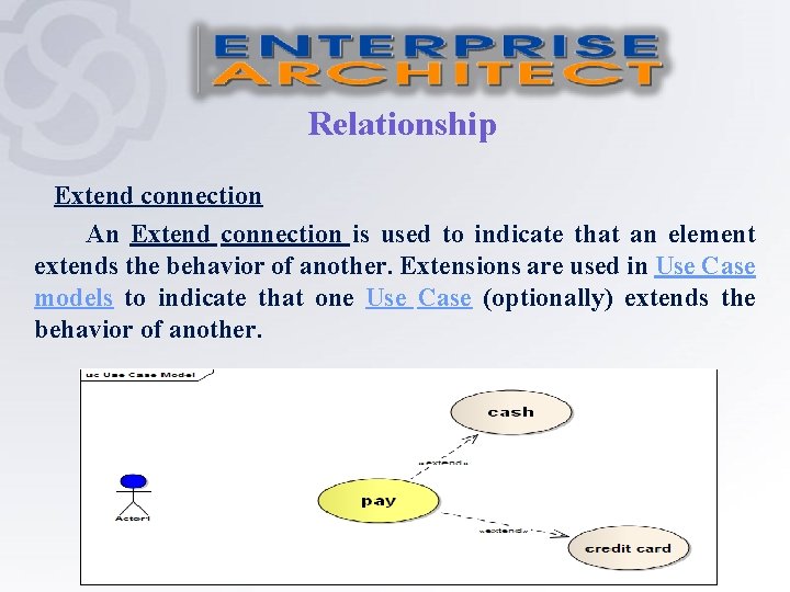 Relationship Extend connection An Extend connection is used to indicate that an element extends