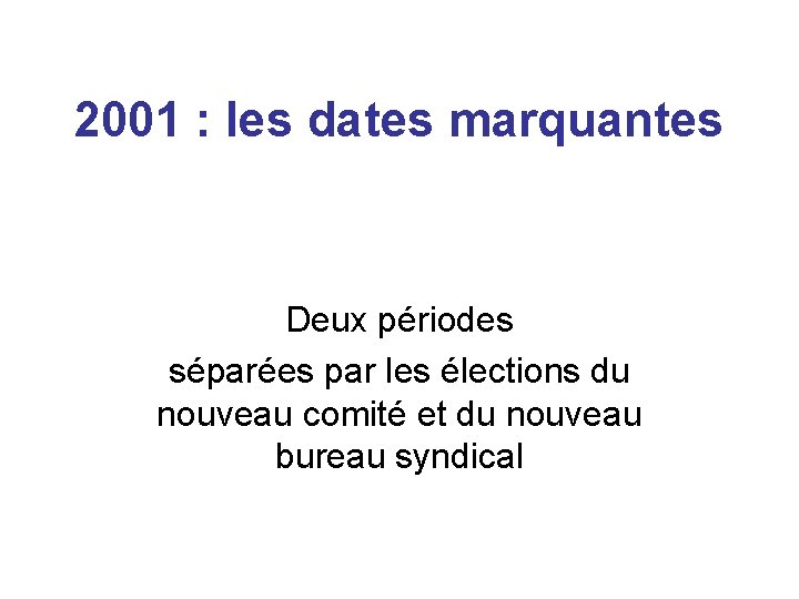 2001 : les dates marquantes Deux périodes séparées par les élections du nouveau comité