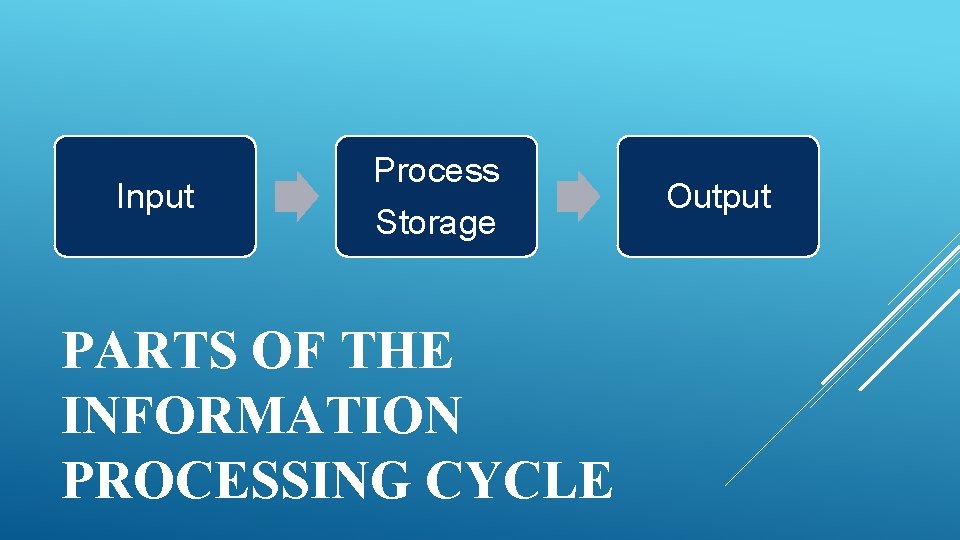 Input Process Storage PARTS OF THE INFORMATION PROCESSING CYCLE Output 