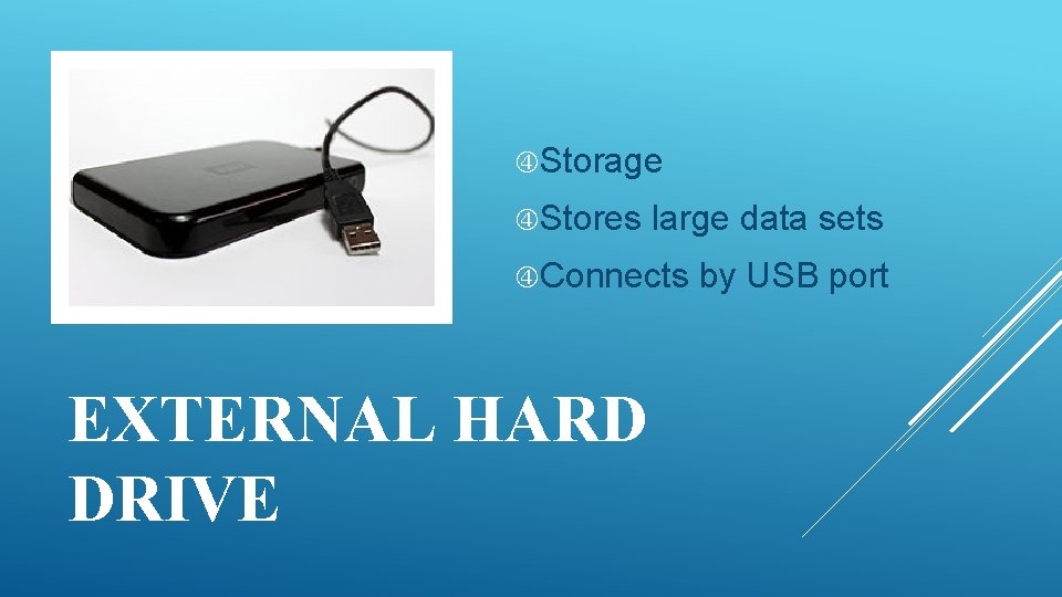  Storage Stores large data sets Connects EXTERNAL HARD DRIVE by USB port 