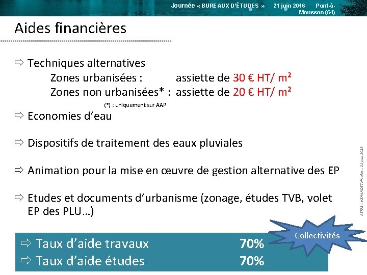 Journée « BUREAUX D’ÉTUDES » 21 juin 2016 Pont-àMousson (54) Aides financières ð Techniques