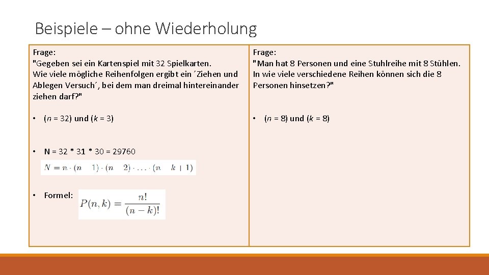 Beispiele – ohne Wiederholung Frage: "Gegeben sei ein Kartenspiel mit 32 Spielkarten. Wie viele